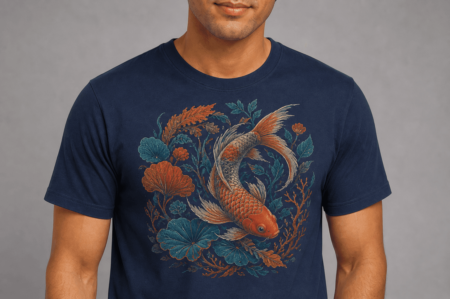 Detailed direct-to-garment koi artwork printed into navy cotton fibres