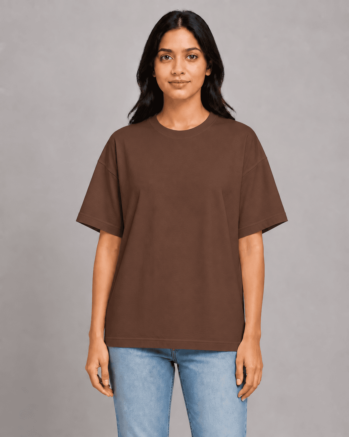 Oversized Brown t-shirt worn by a printengine studio model