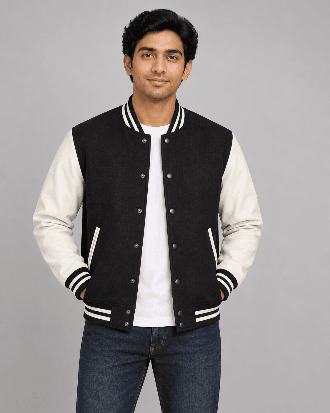 Varsity jacket worn by a printengine studio model