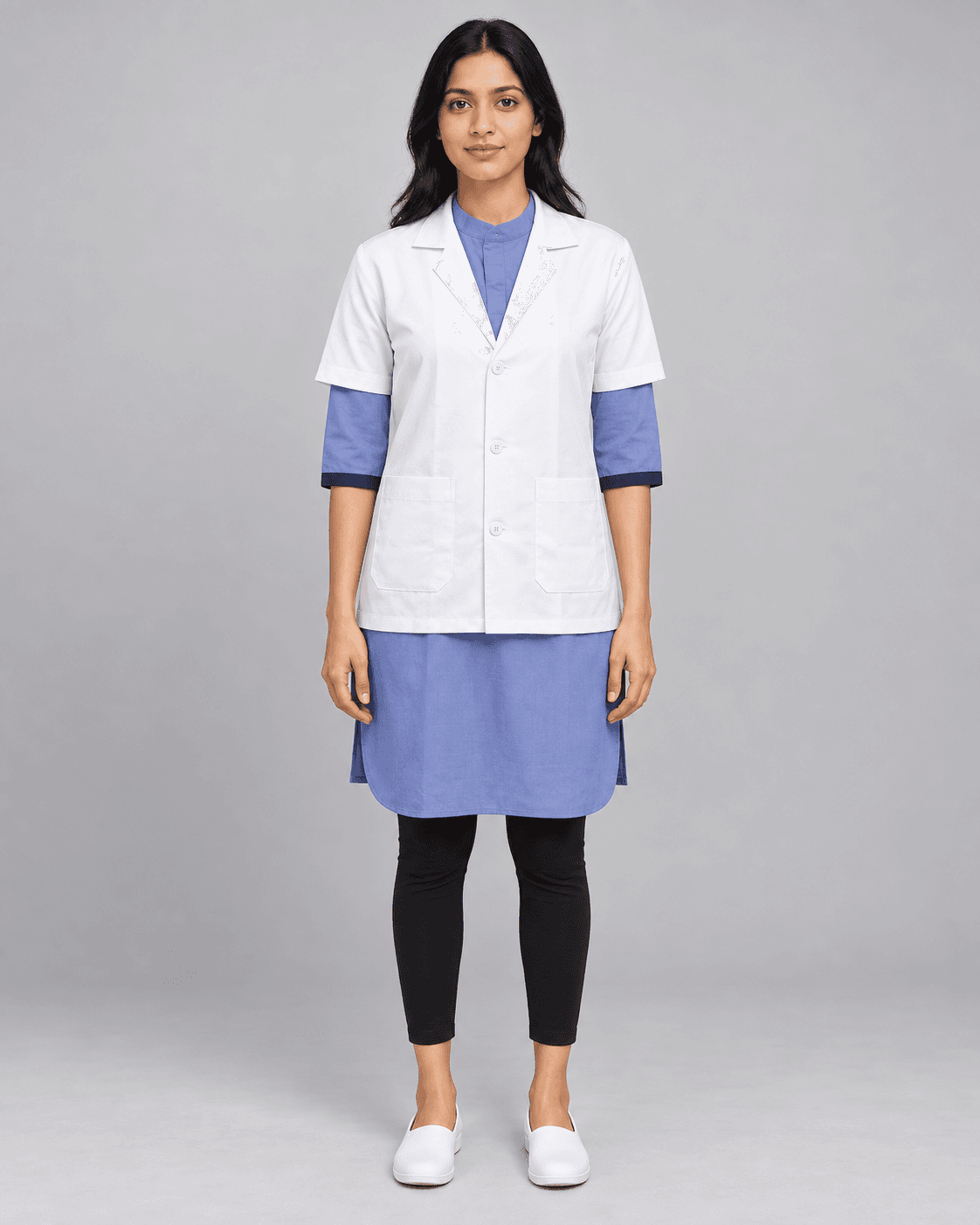 Women's short lab coat worn by a printengine studio model