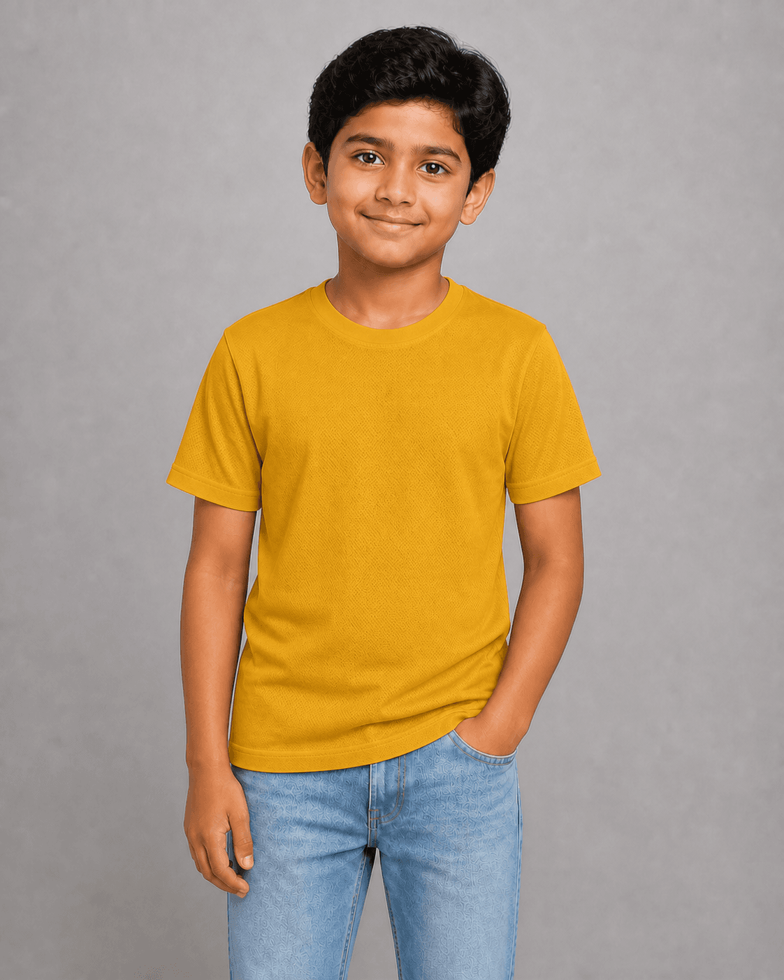 Dry-fit round neck t-shirt worn by a child model