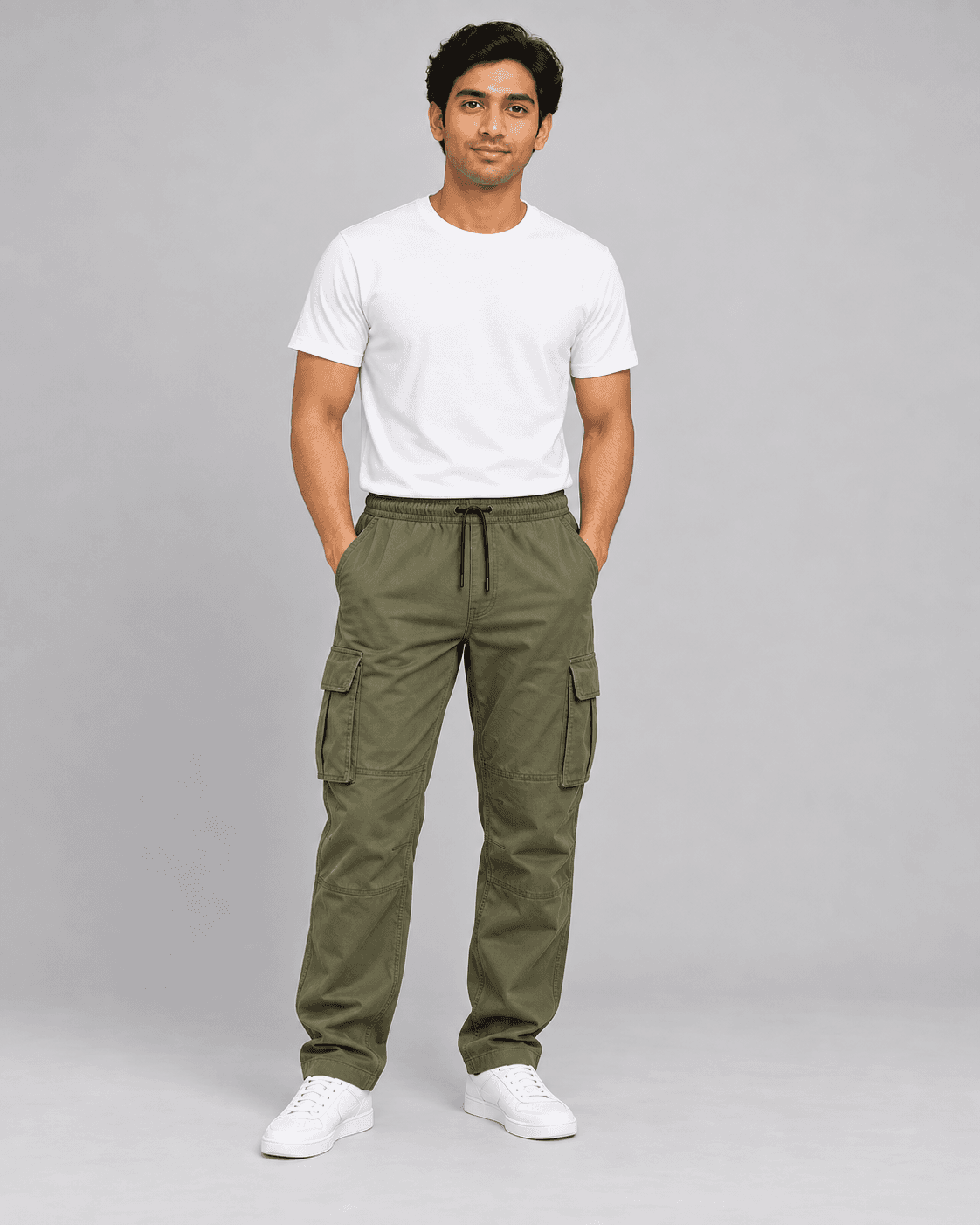 Cargo pants worn by a printengine studio model