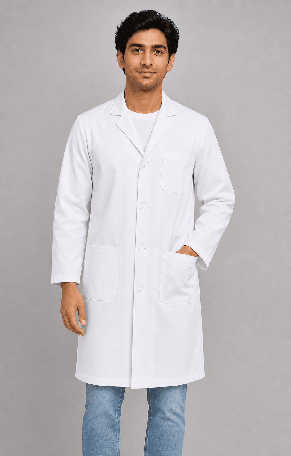 Half sleeve doctor apron worn by a printengine studio model
