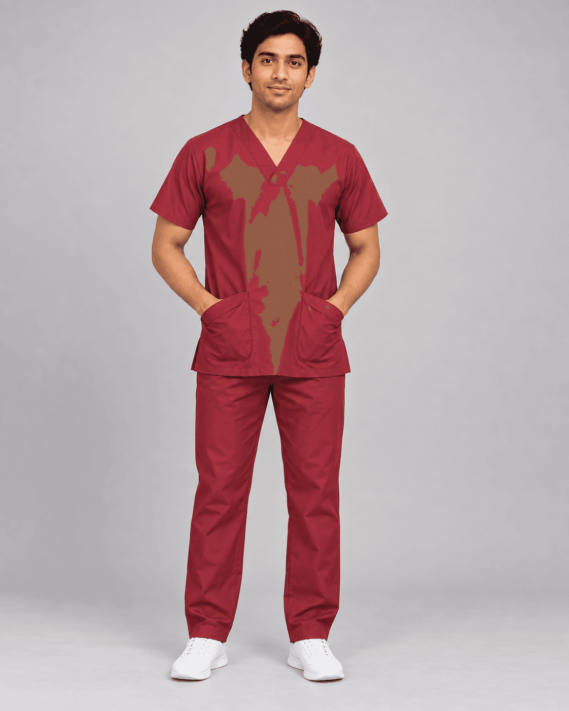 Maroon scrub set worn by a printengine studio model