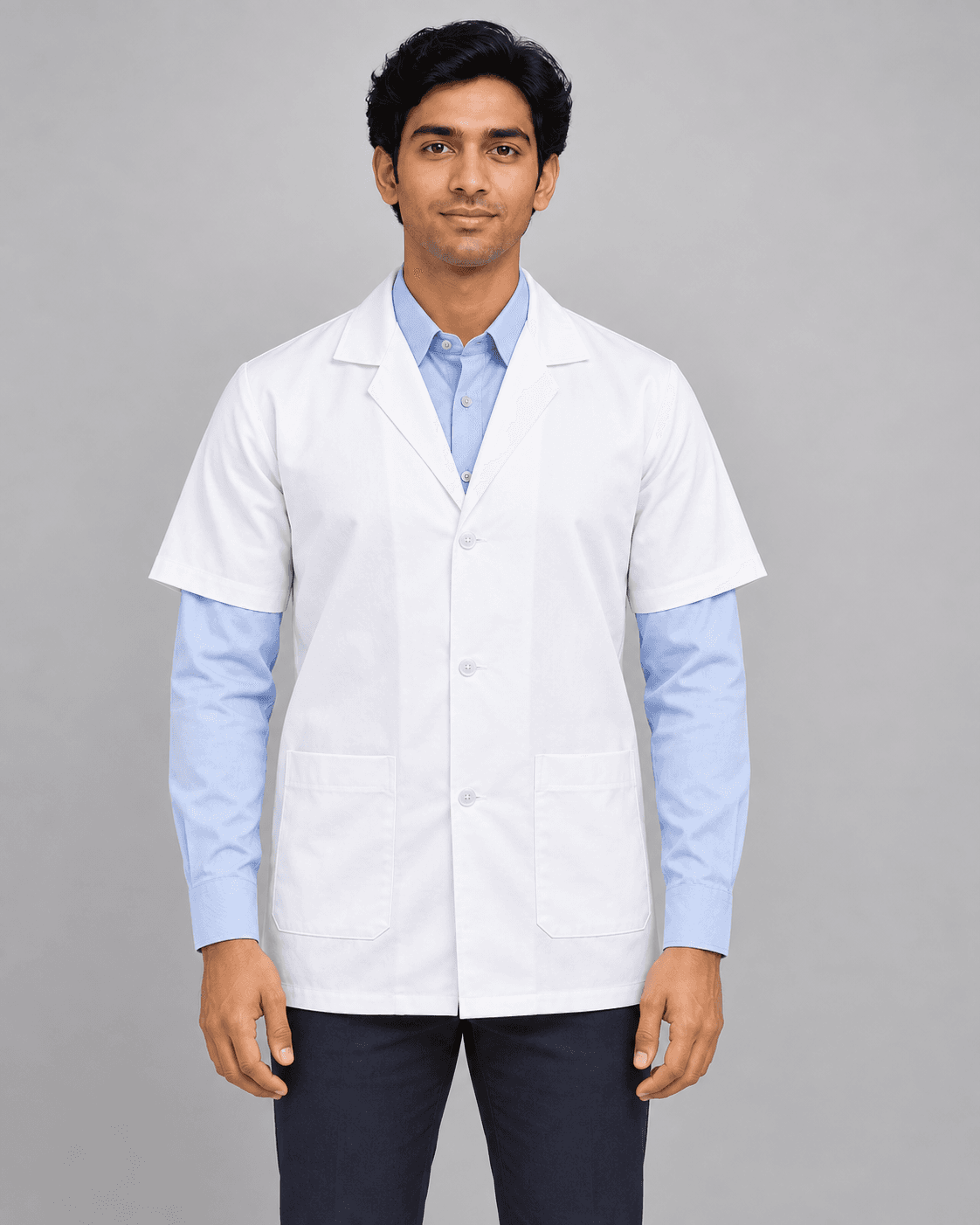 Men's short lab coat worn by a printengine studio model