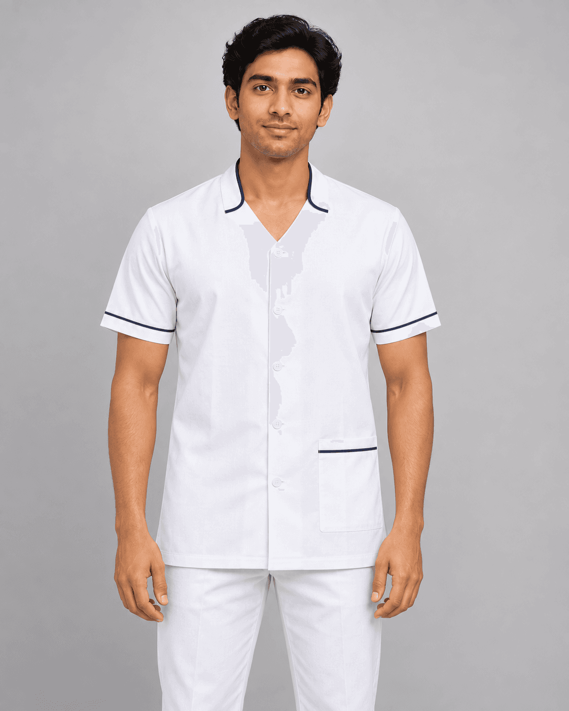 Piped medical tunic worn by a printengine studio model