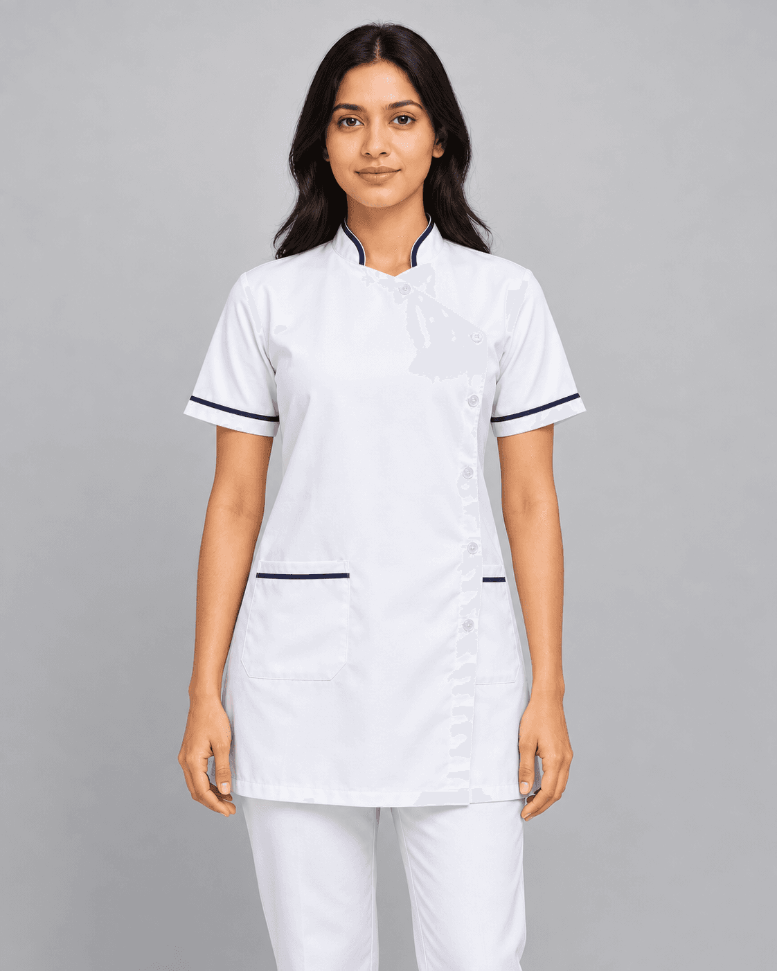 Side-button medical tunic worn by a printengine studio model