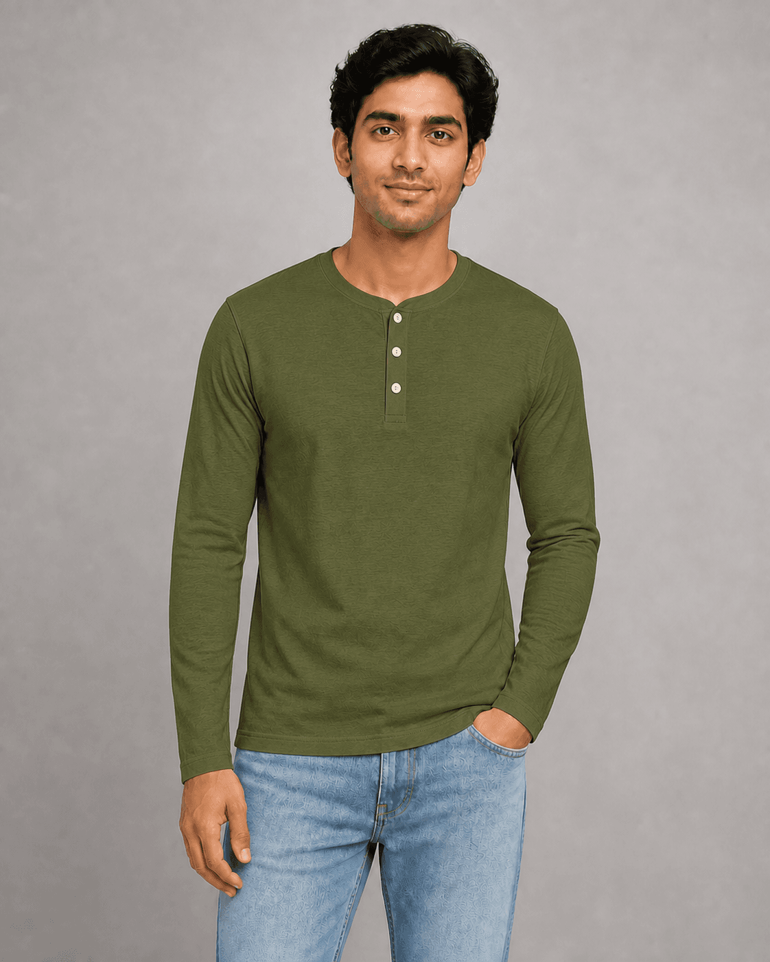 Long sleeve henley worn by a printengine studio model