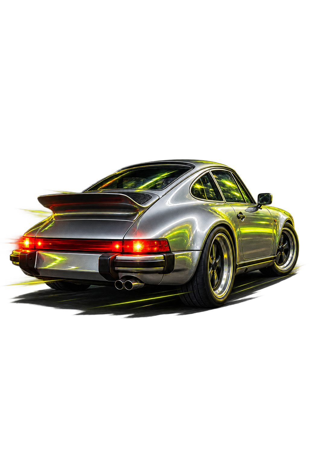 classic silver Porsche 911 with acid-lime cinematic lighting