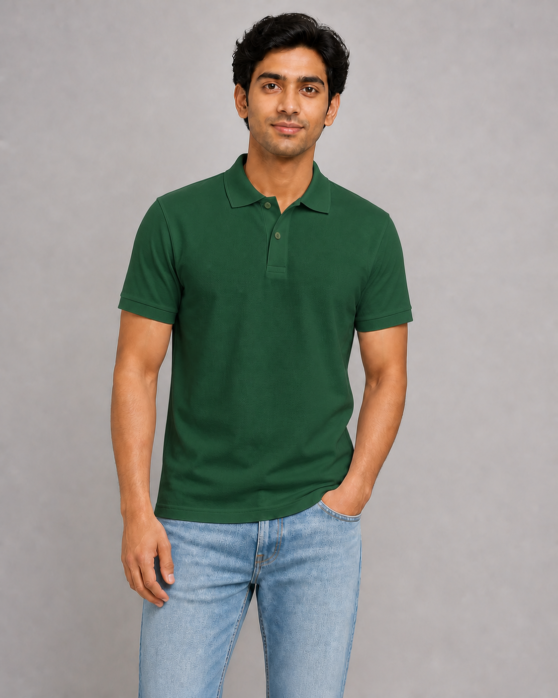 Premium polo t-shirt worn by a printengine studio model